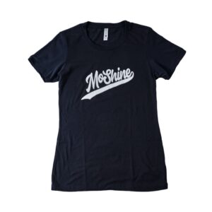 Moshine Women's Black T Shirt White Logo Flatlay